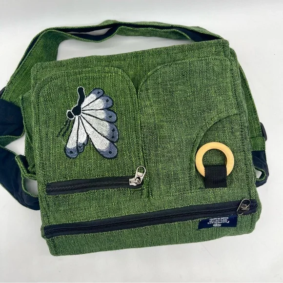 Elegant Green Crossbody Bag with Butterfly Embroidery, Handmade Ethical Bag - Picture 3 of 15